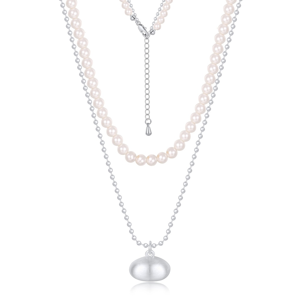 Layered Pearl and Bead Necklace with Silver Bean Charm