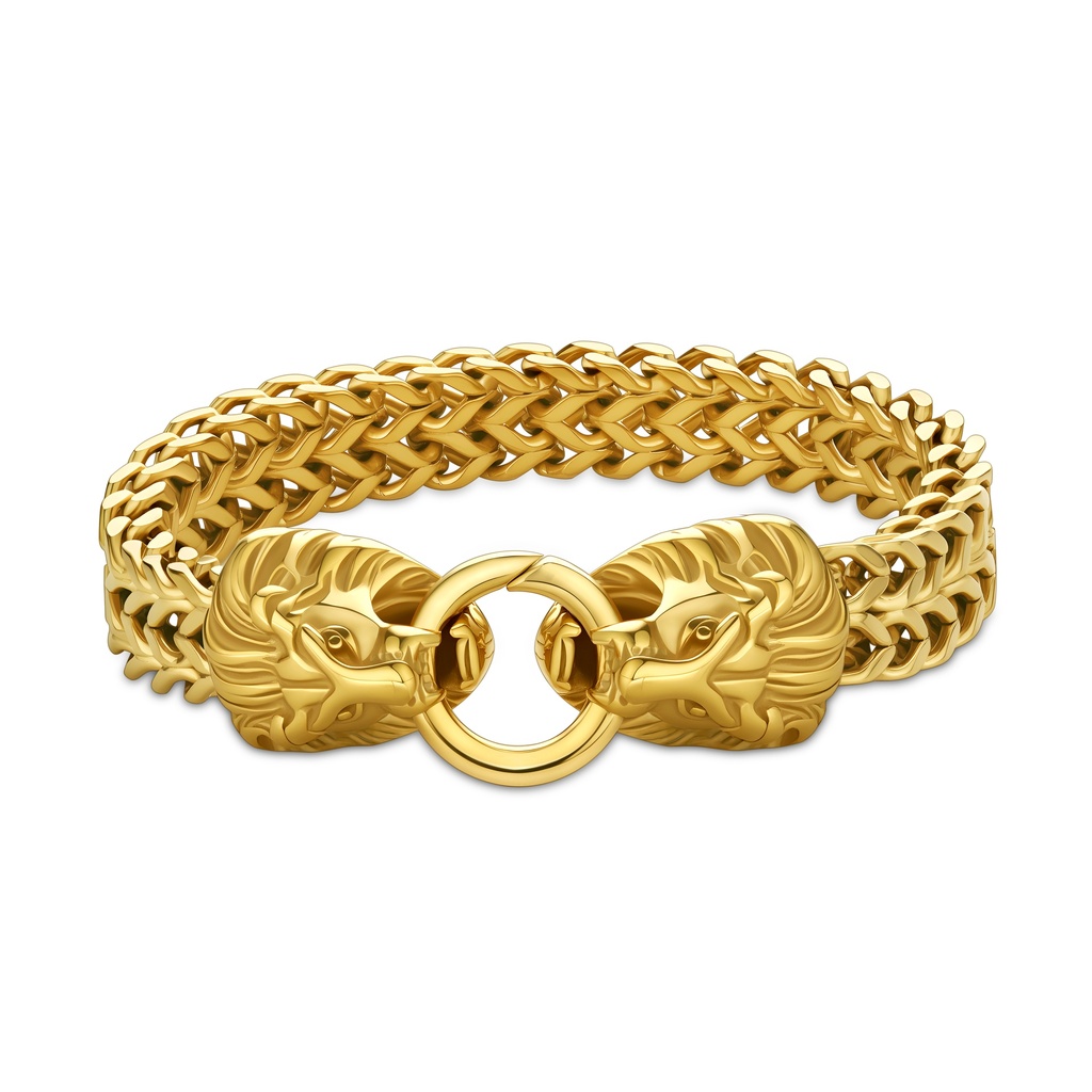Bold Gold Lion Head Bracelet with Woven Stainless Steel Chain