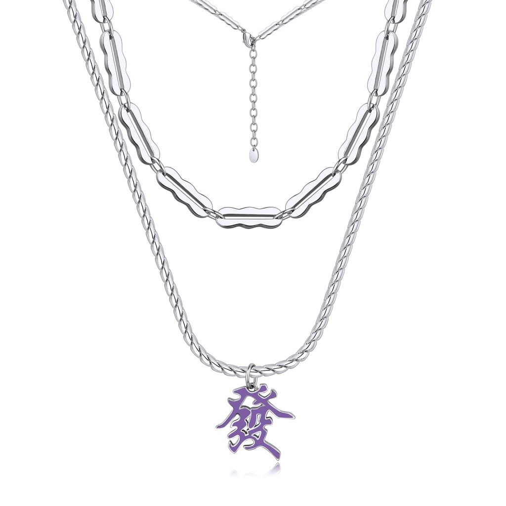 Layered Silver Chains with Purple Chinese Character Pendant
