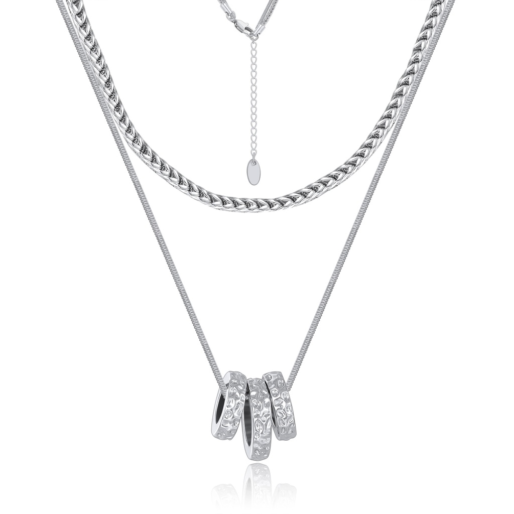 Layered Silver Snake Chain Necklace with Textured Circle Pendants