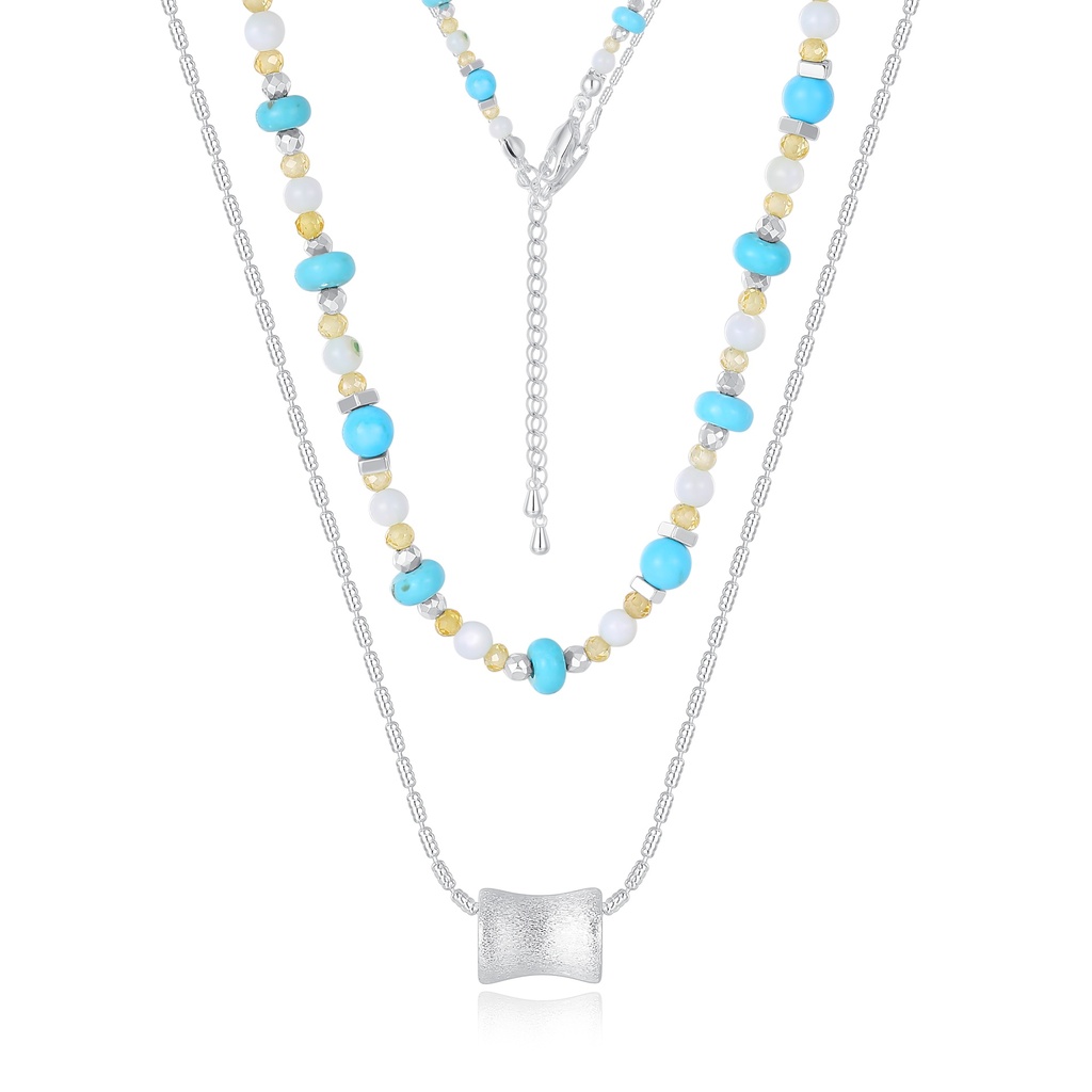 Layered Turquoise and Beaded Necklace with Matte Silver Charm