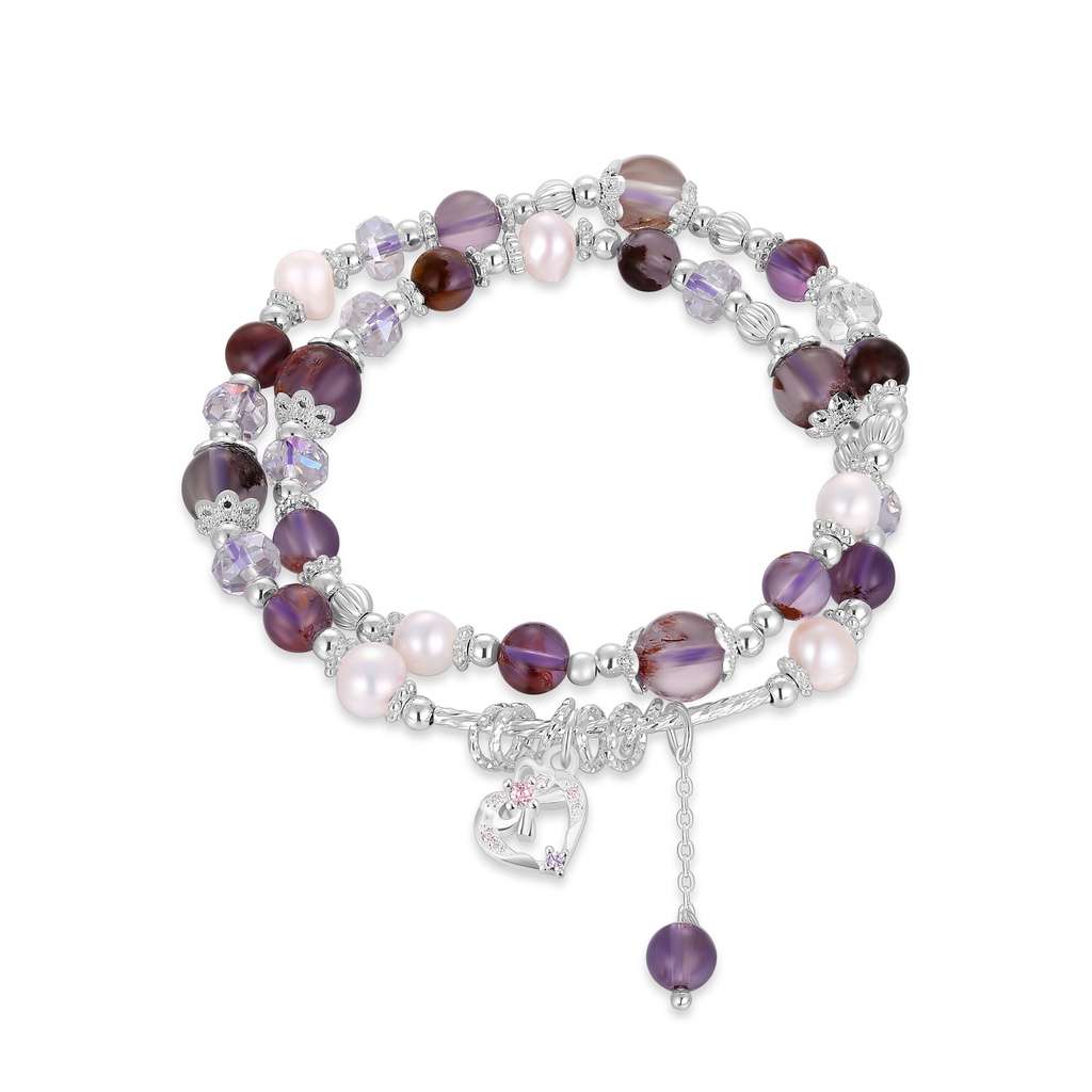 Layered amethyst bracelet with pearls, crystals, and silver heart charm