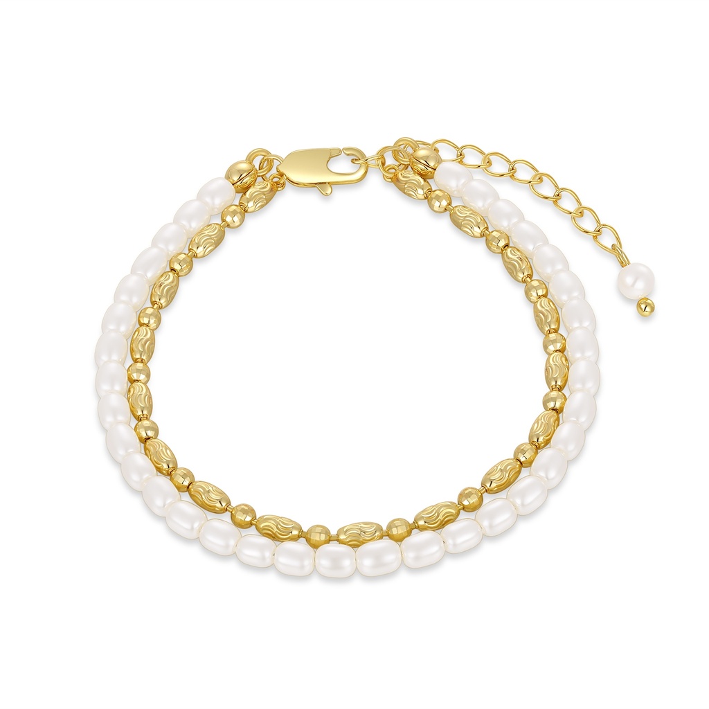 Layered bracelet with pearls and textured gold-tone oval beads