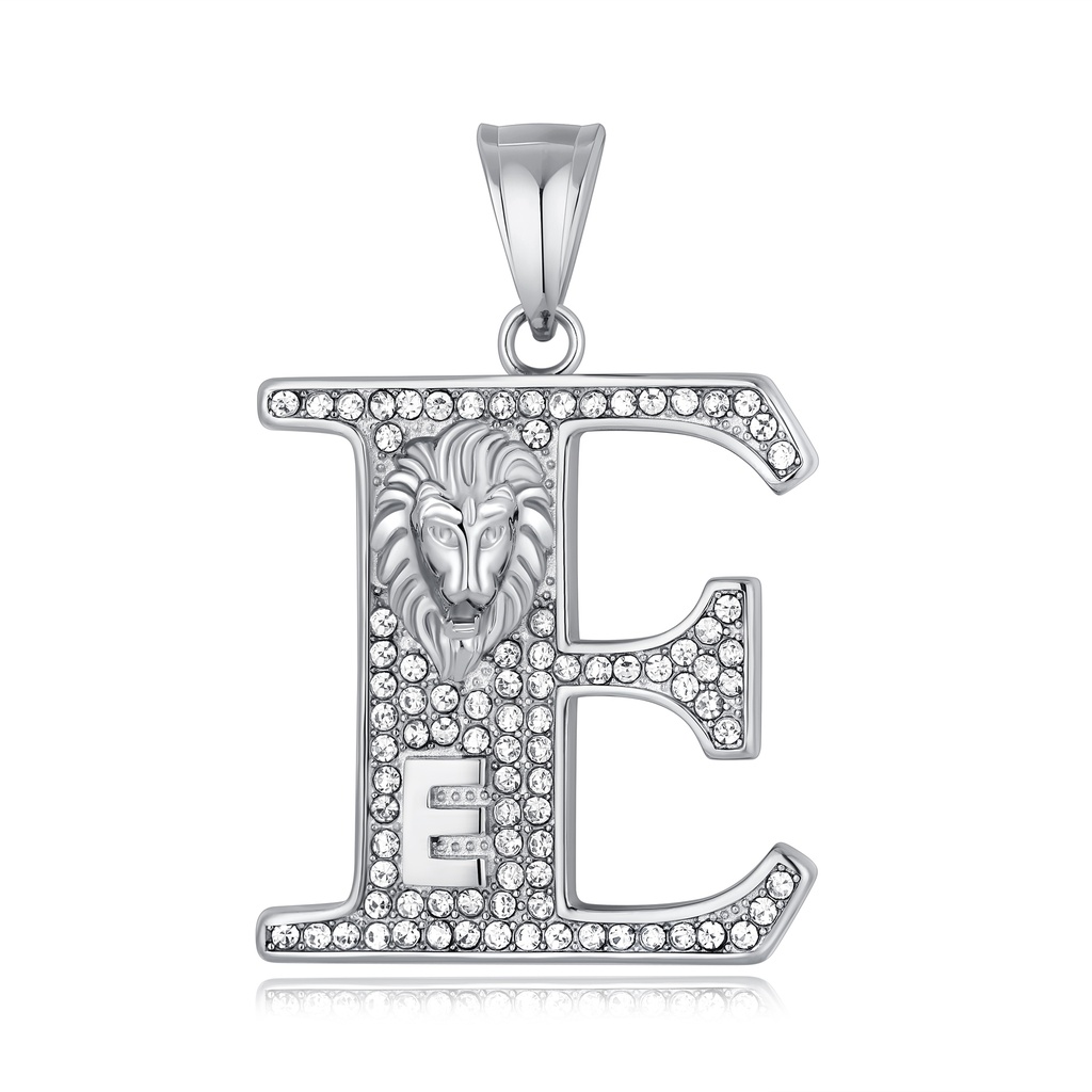 Letter E Pendant with Lion Detail and Crystal Finish