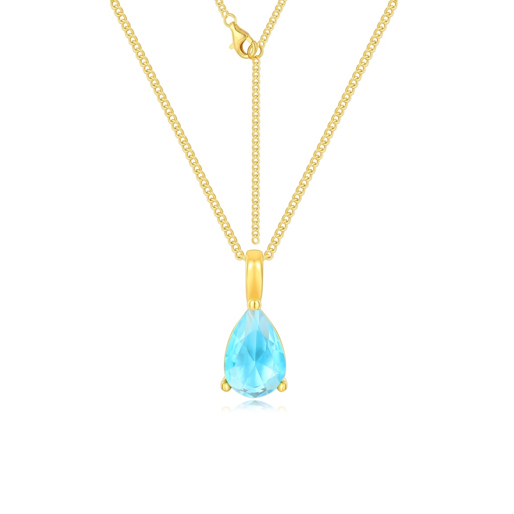 Light Aqua Blue Teardrop Pendant Gold Stainless Steel Necklace