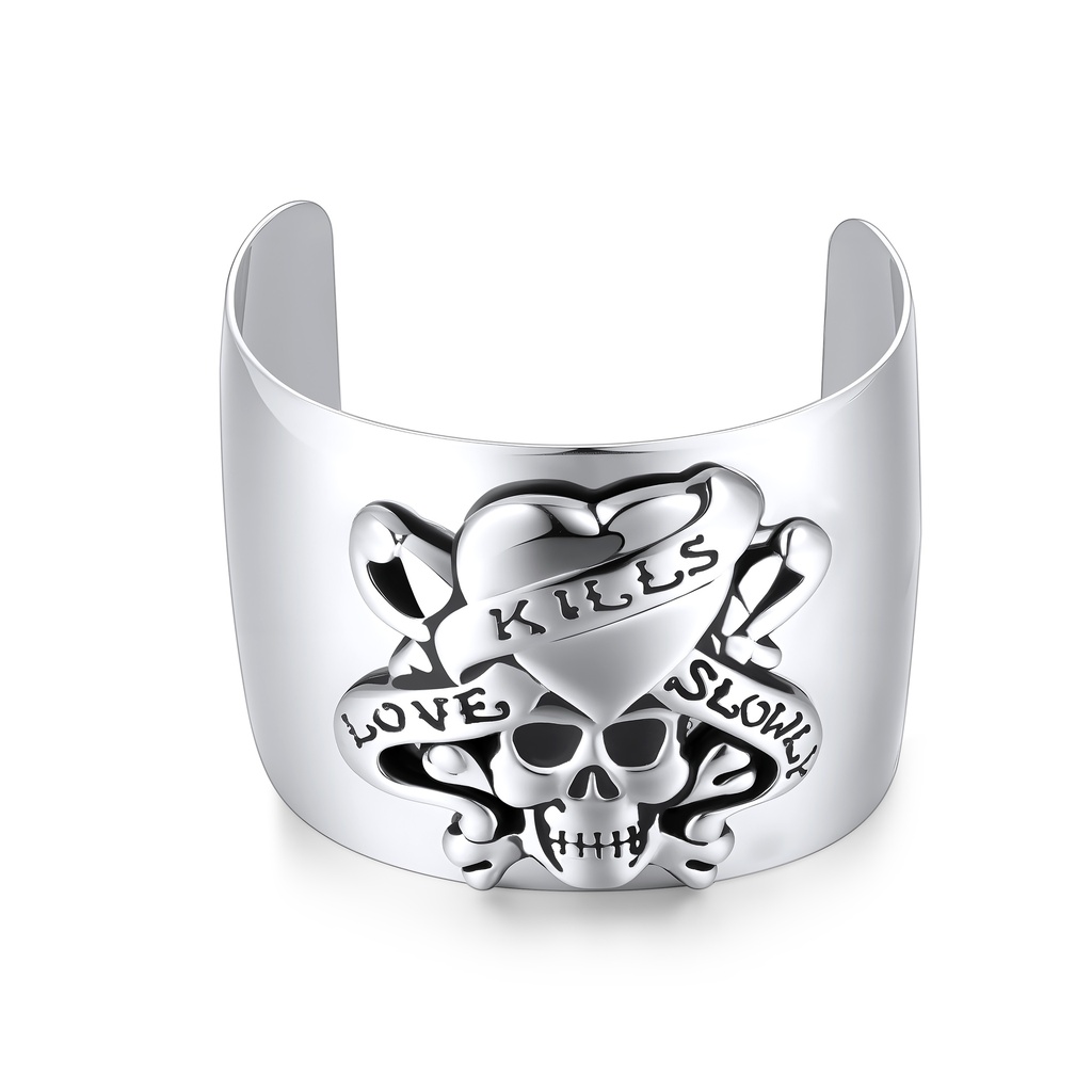 Love Kills Slowly Skull Cuff Bracelet in Polished Stainless Steel