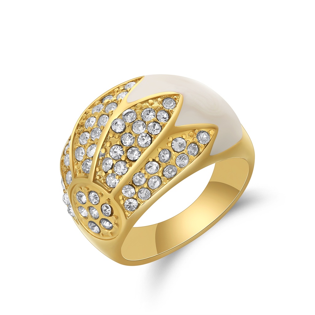 Bold Gold Plated Ring with White Enamel and Crystal Accents