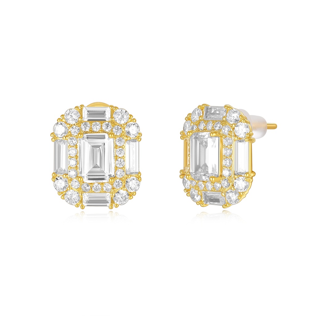 Luxury Geometric Gold Stud Earrings with Baguette and Round Crystals