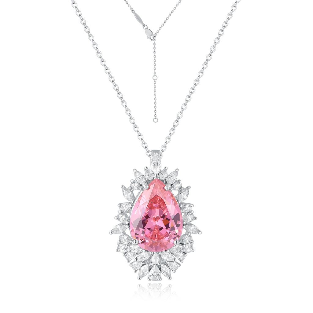 Luxury Stainless Steel Necklace with Pink Teardrop Gem and Crystals