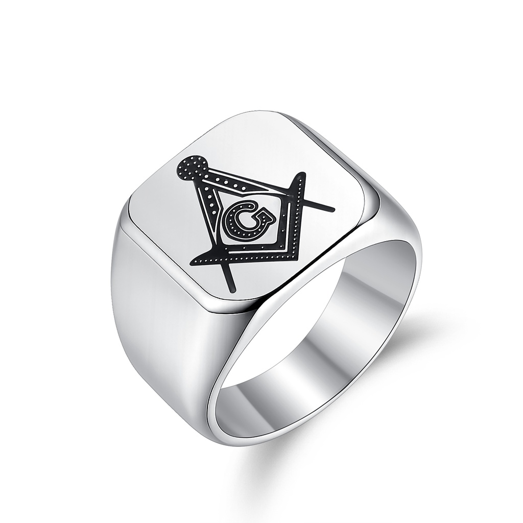 Masonic Stainless Steel Ring with Engraved Square and Compass Symbol