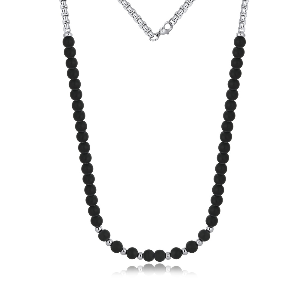 Matte Black Agate Stainless Steel Beaded Minimalist Chain Necklace