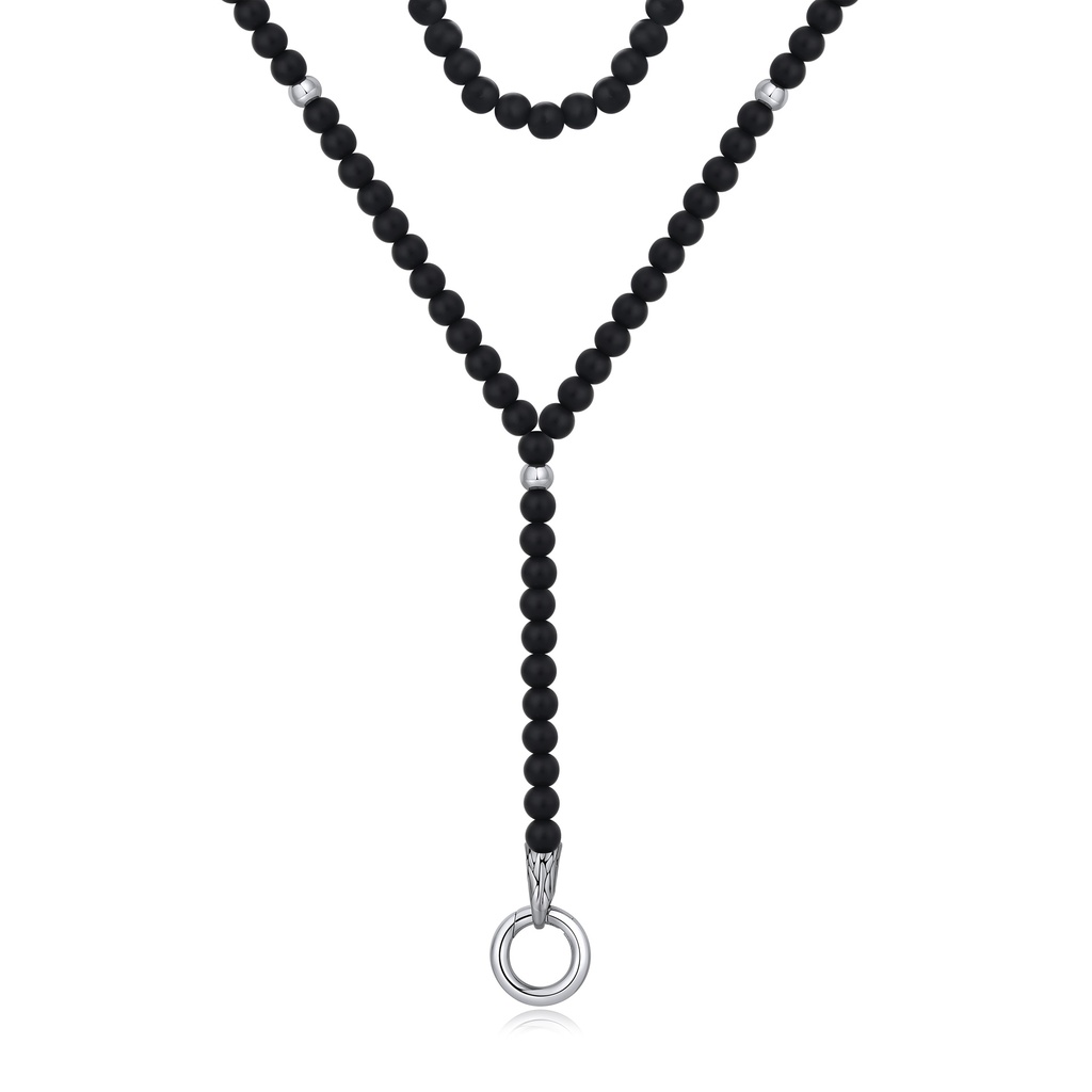 Matte Black Bead Necklace with Stainless Steel Ring Pendant