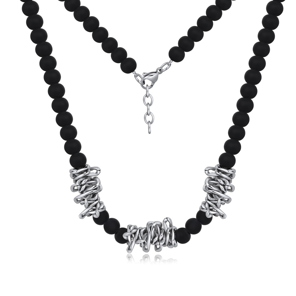 Matte Black Beads Stainless Steel Abstract Chain Accent Necklace
