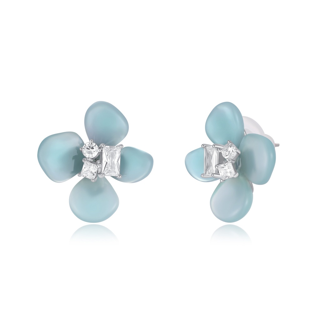 Matte Blue Floral Stud Earrings with Crystal Accents