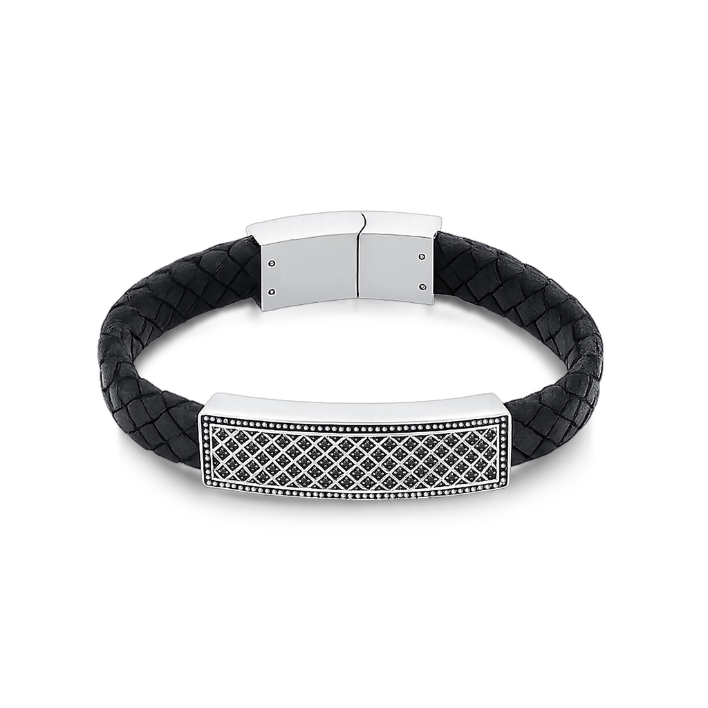 Men’s Black Braided Leather Bracelet with Stainless Steel Patterned Clasp