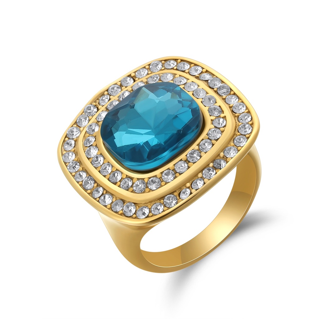 Bold Gold Stainless Steel Cocktail Ring with Blue Gemstone and Double Crystal Halos