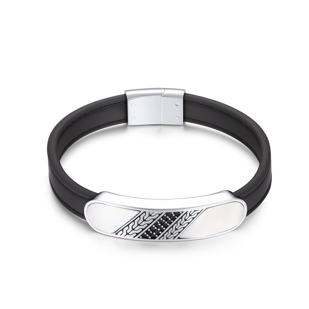 Men’s Stainless Steel Black Rubber Bracelet with Tire Tread Design