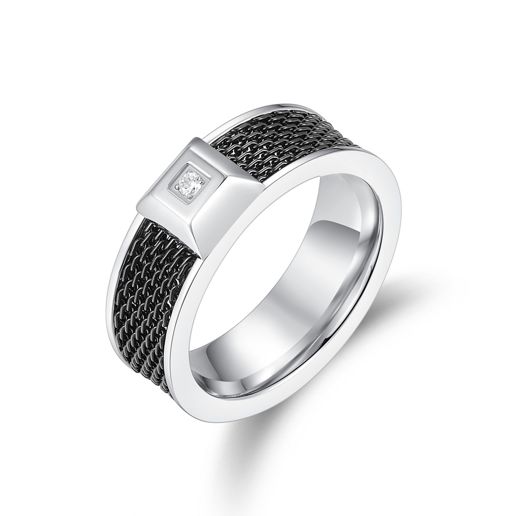 Men’s Stainless Steel Mesh Inlay Ring with Center CZ Accent