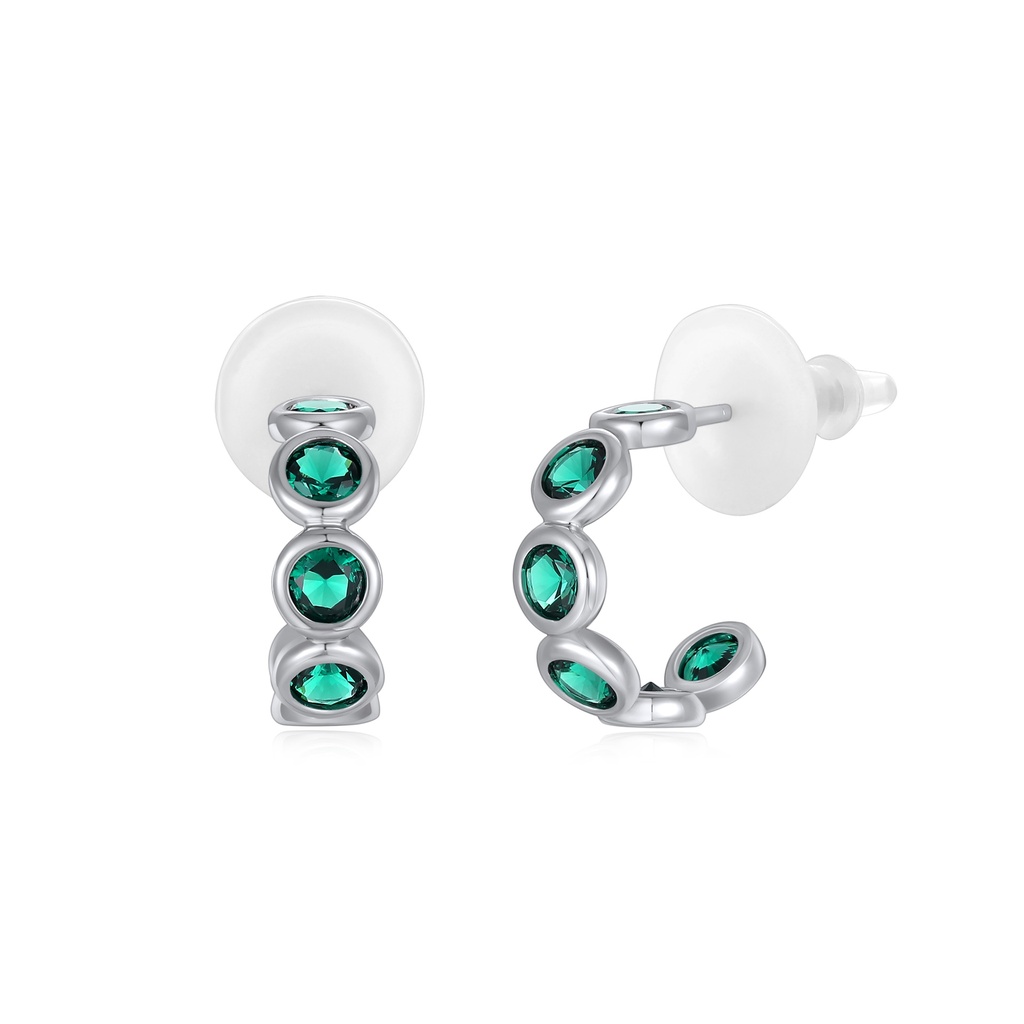 Mini silver hoop earrings with vibrant round green gemstone accents.