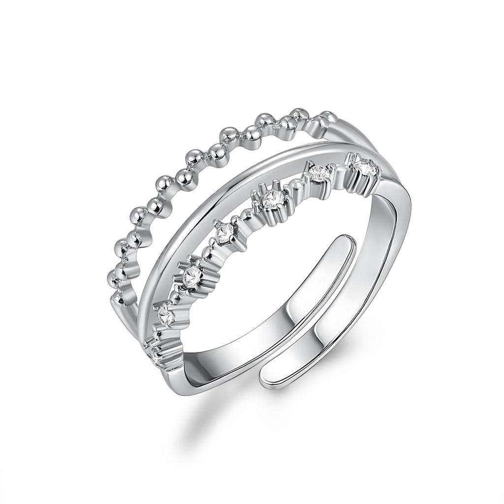 Minimalist Double Band Silver Ring with Crystals and Beaded Detail