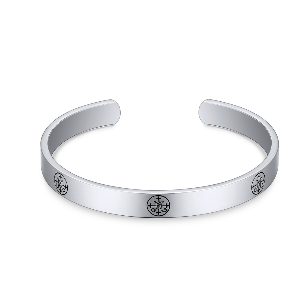 Minimalist Engraved Stainless Steel Cuff with Cross Emblems