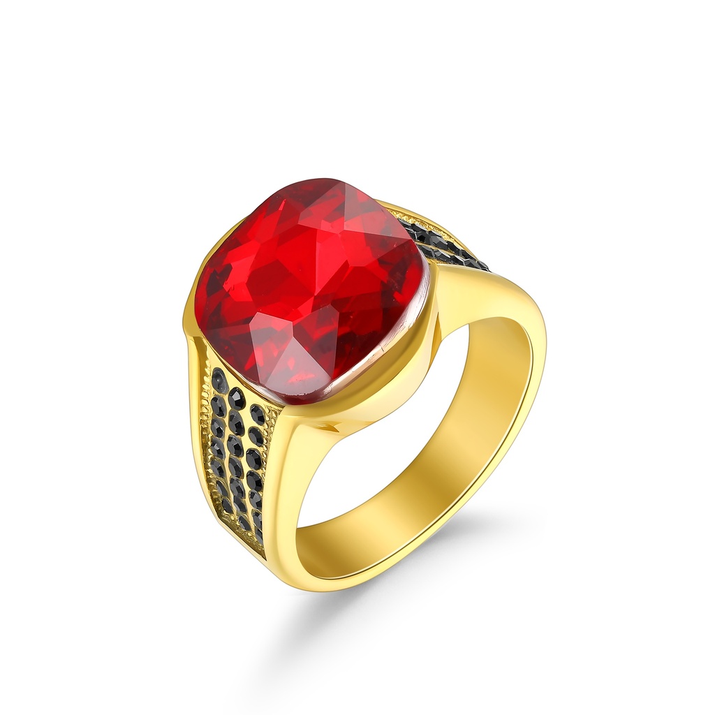 Bold Gold Stainless Steel Ring with Red Gemstone Accent