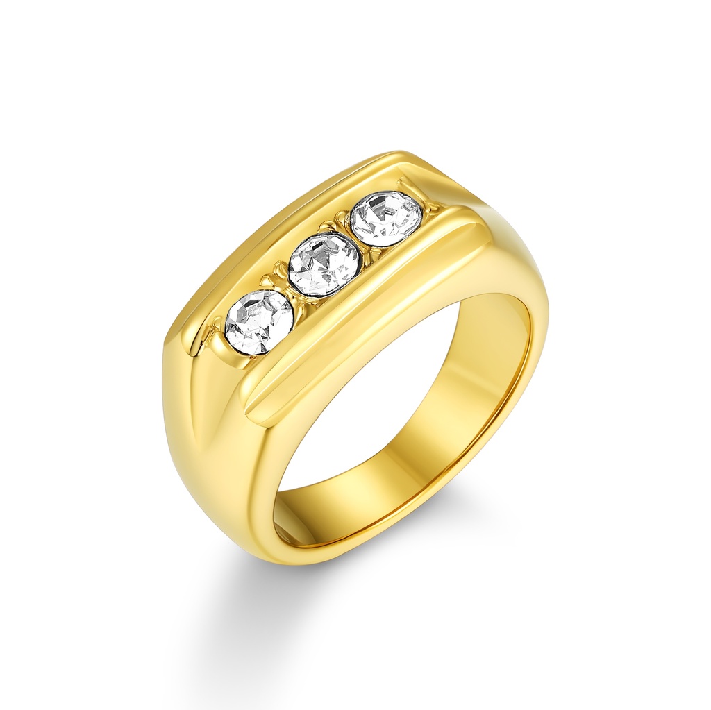 Bold Gold Stainless Steel Ring with Triple Clear Stones