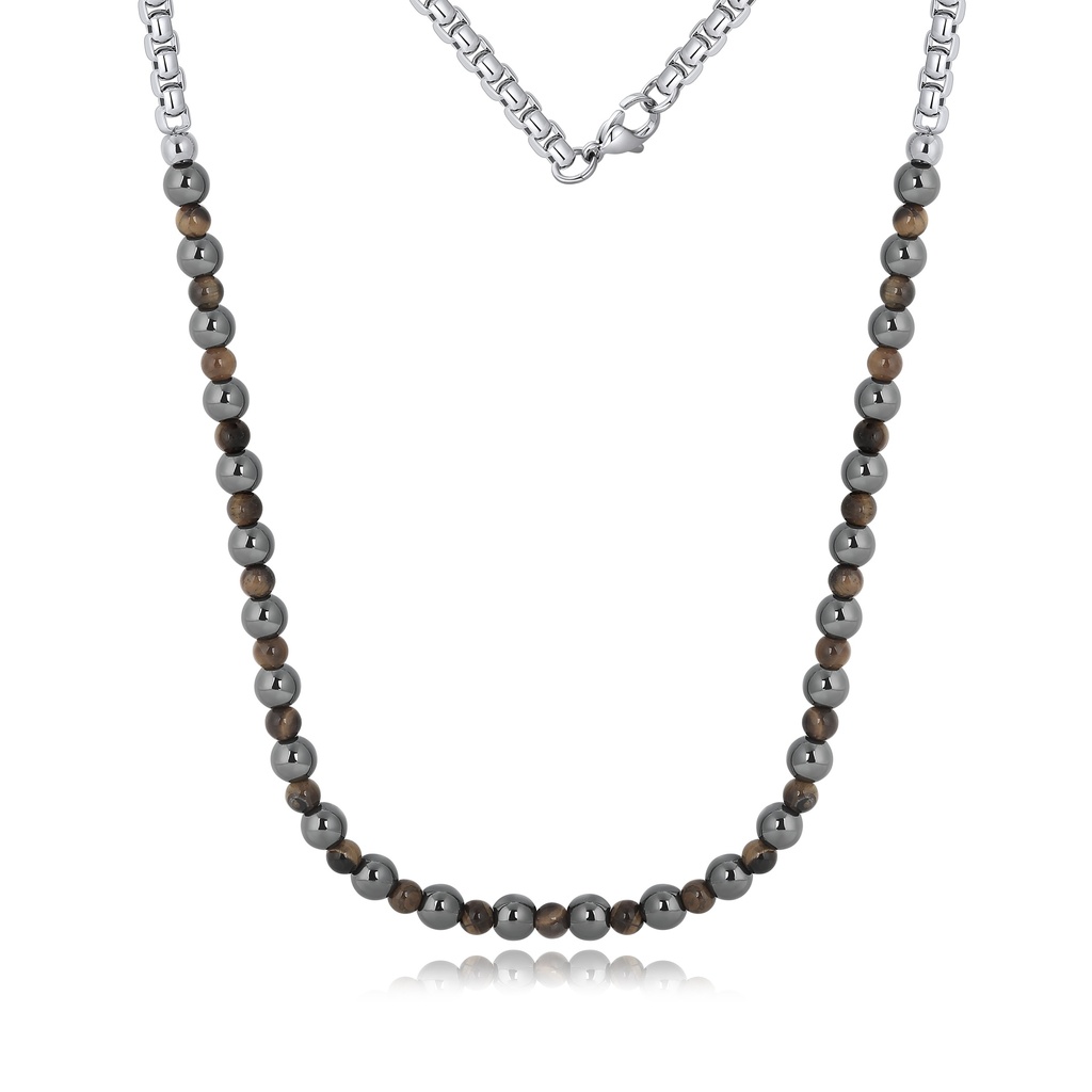 Minimalist Stainless Steel Necklace with Brown Natural Beads and Metallic Shine