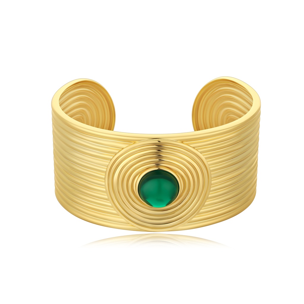 Bold Gold Wide Cuff Bracelet with Green Center Stone