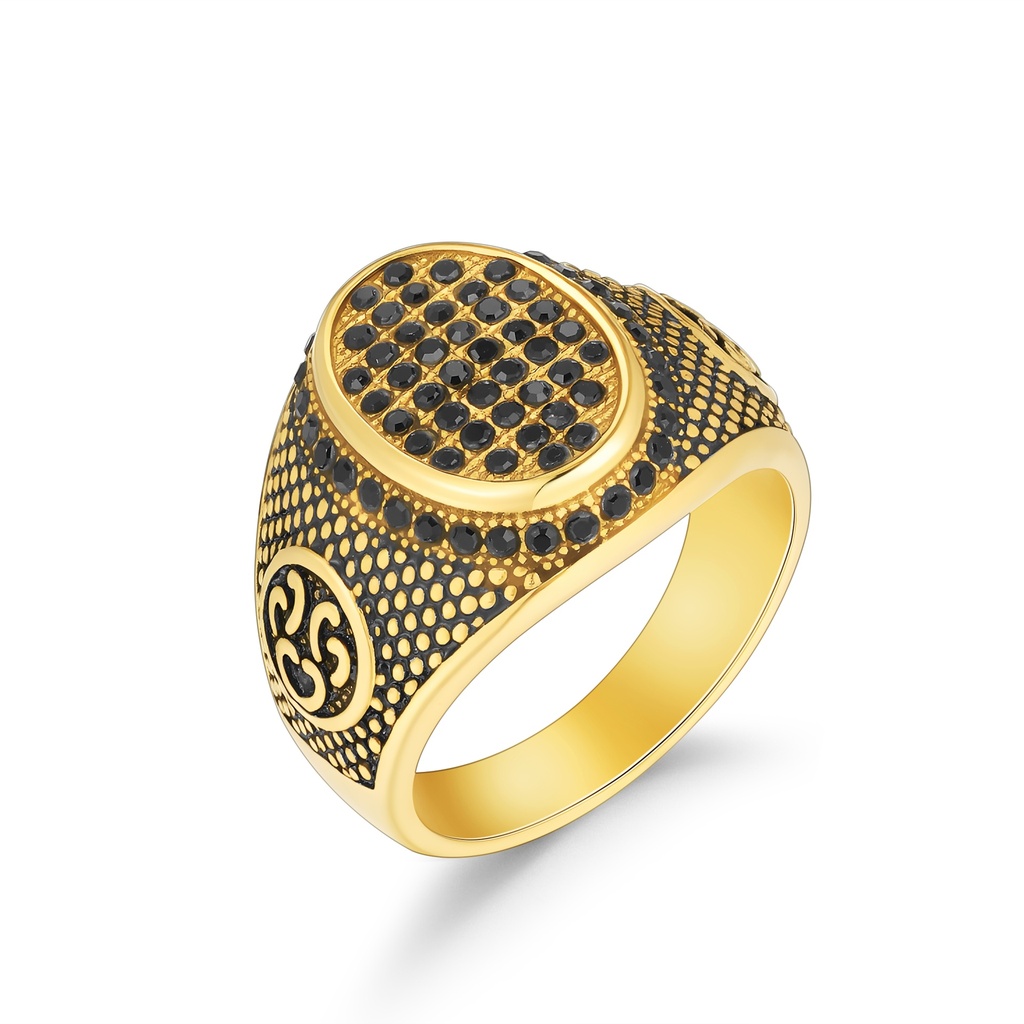 Bold Gold-Tone Stainless Steel Ring with Black Crystal Accents
