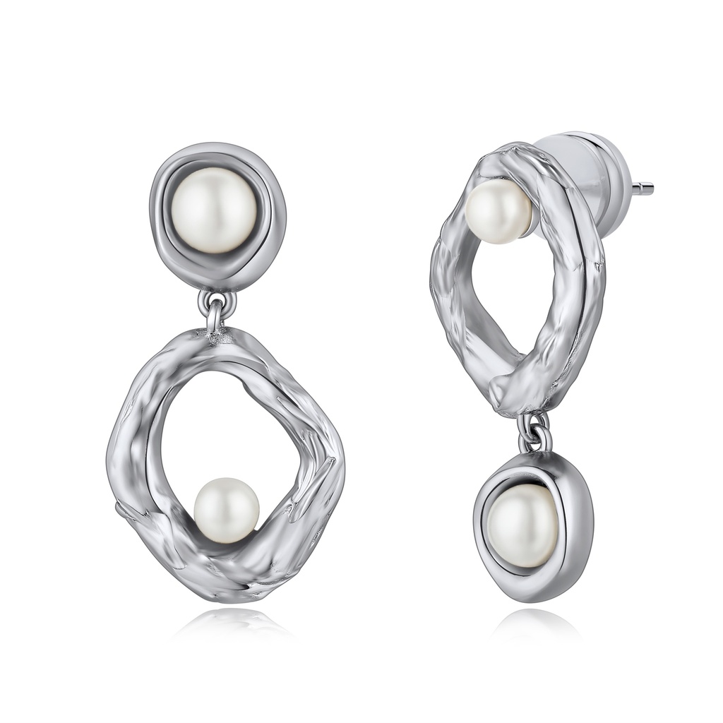 Modern Abstract Pearl Drop Earrings in Textured Silver Brass