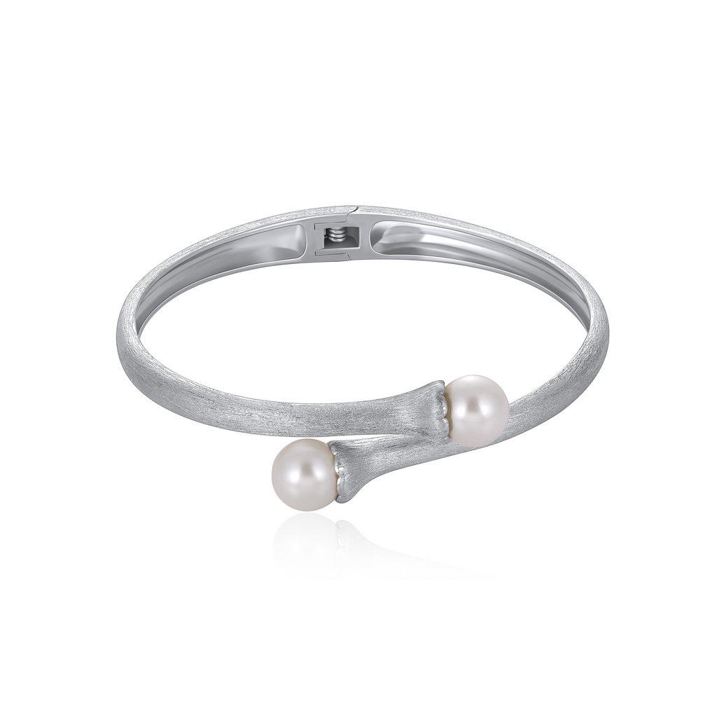 Modern Double Pearl Open Bangle with Satin Silver Finish