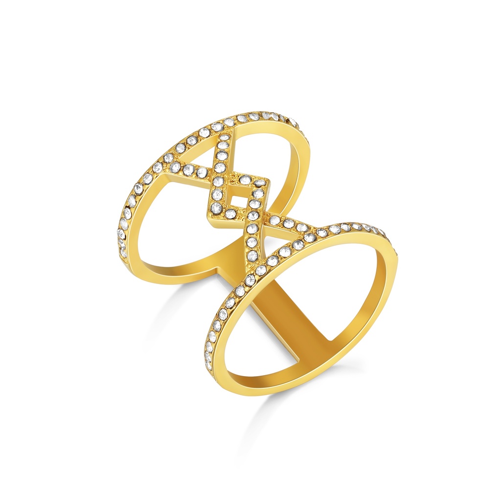 Modern Geometric Double Band Ring with Sparkling Crystals Gold