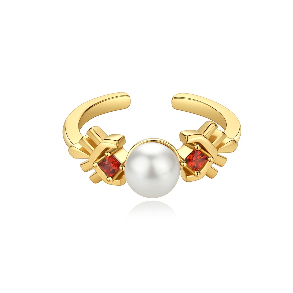 Modern Geometric Pearl Ring with Red Crystal Accents