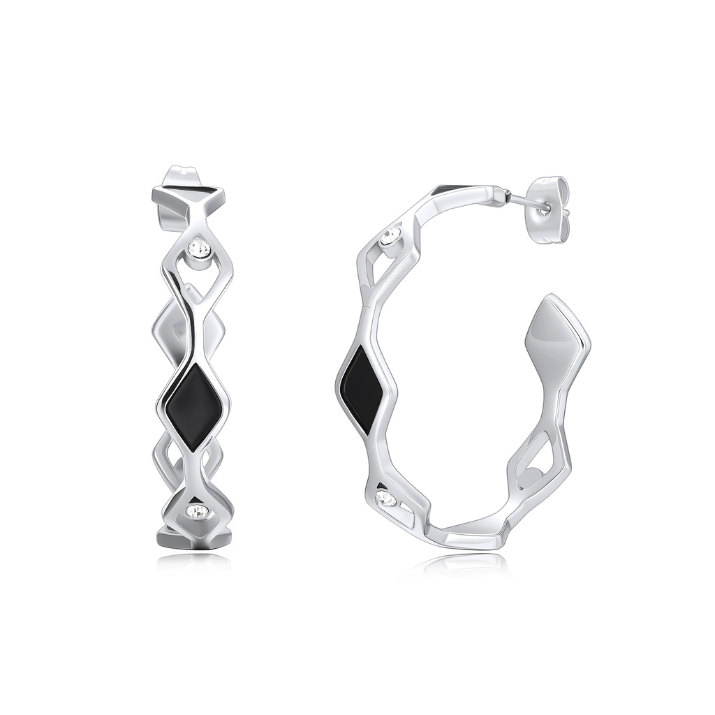 Modern Geometric Stainless Steel Hoop Earrings with Black Enamel