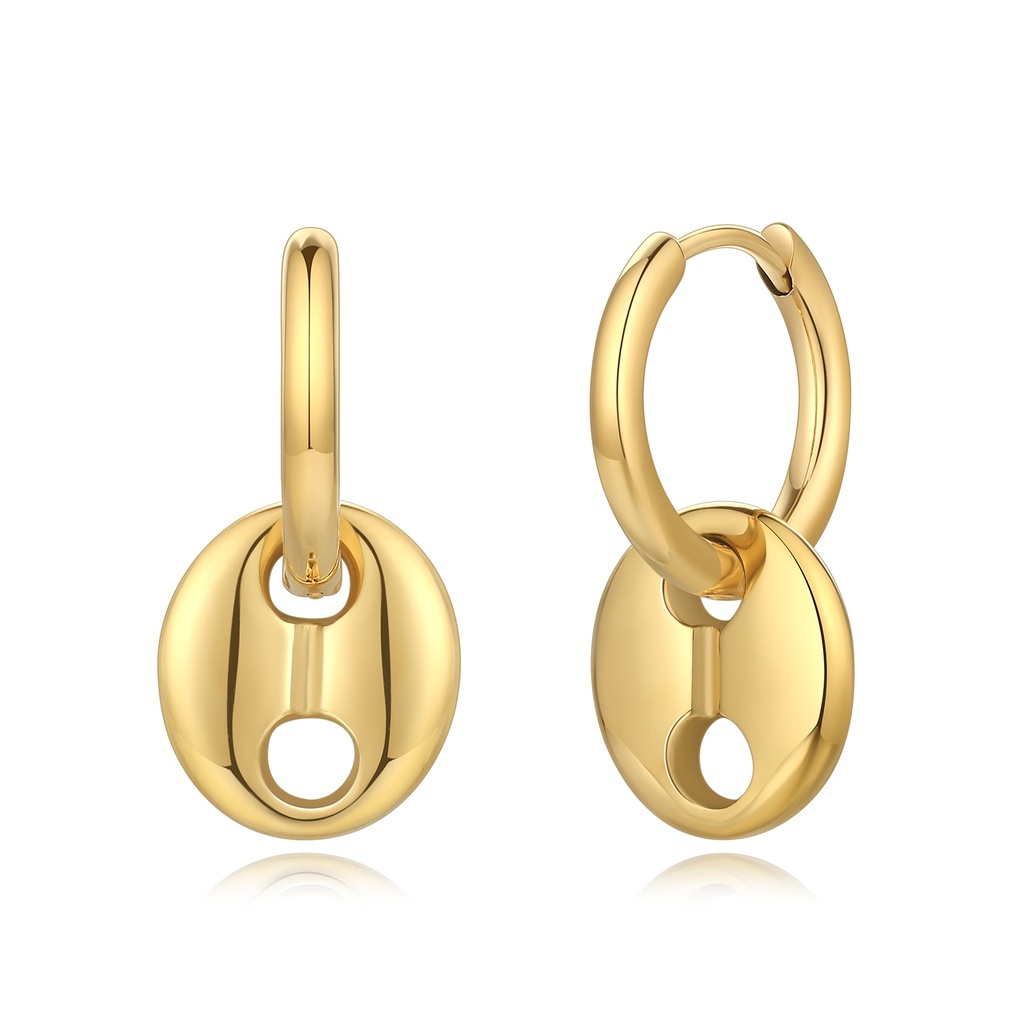 Modern Gold Stainless Steel Drop Hoop Earrings with Oval Charm