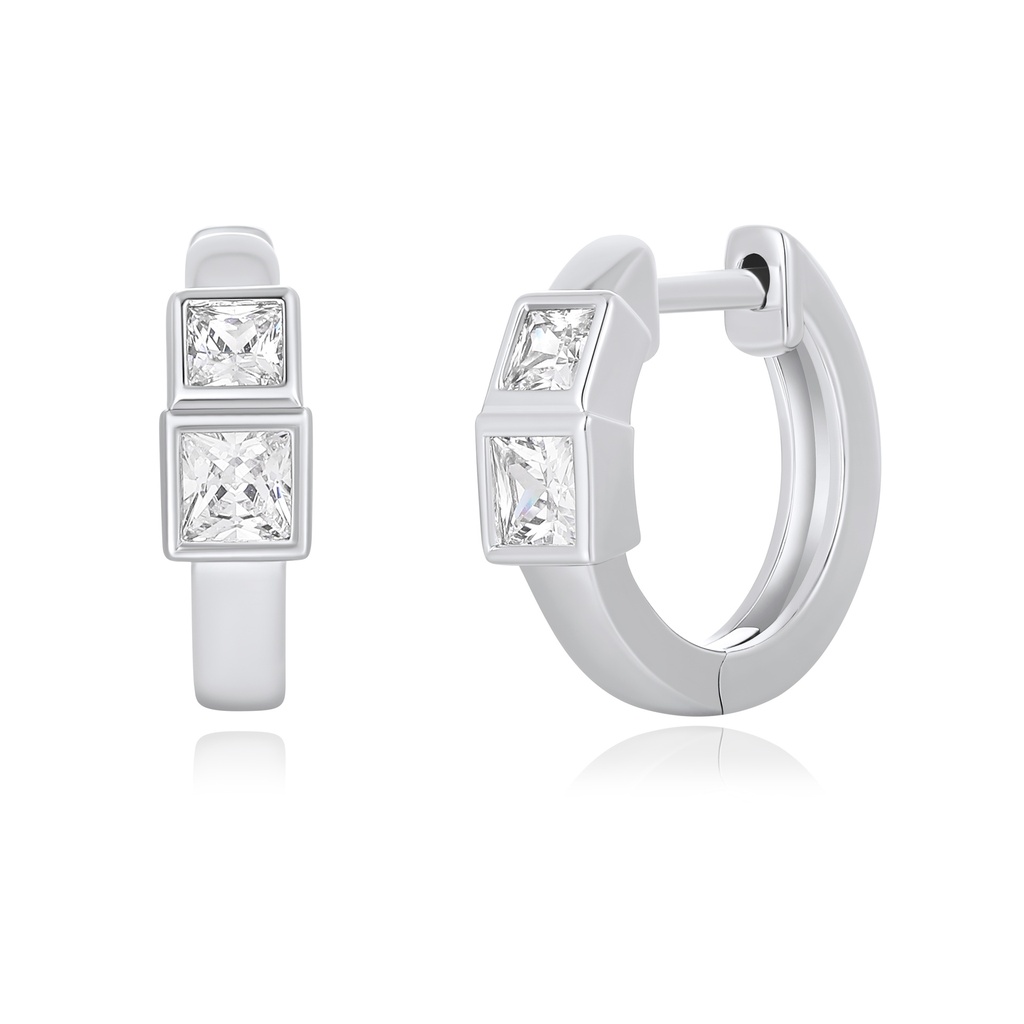 Modern Hoop Earrings with Dual Princess-Cut Clear Stones