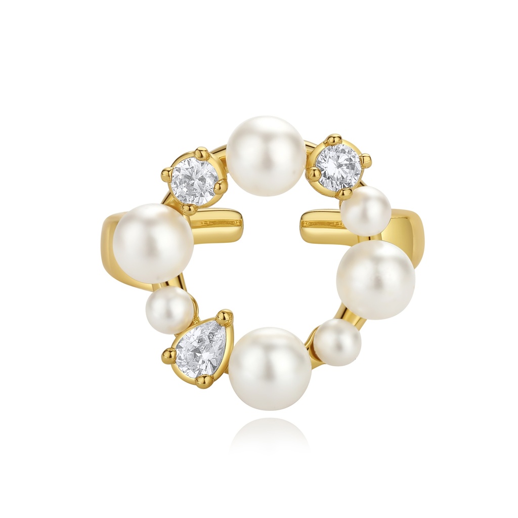 Modern Open Ring with Pearls and Sparkling Crystal Accents