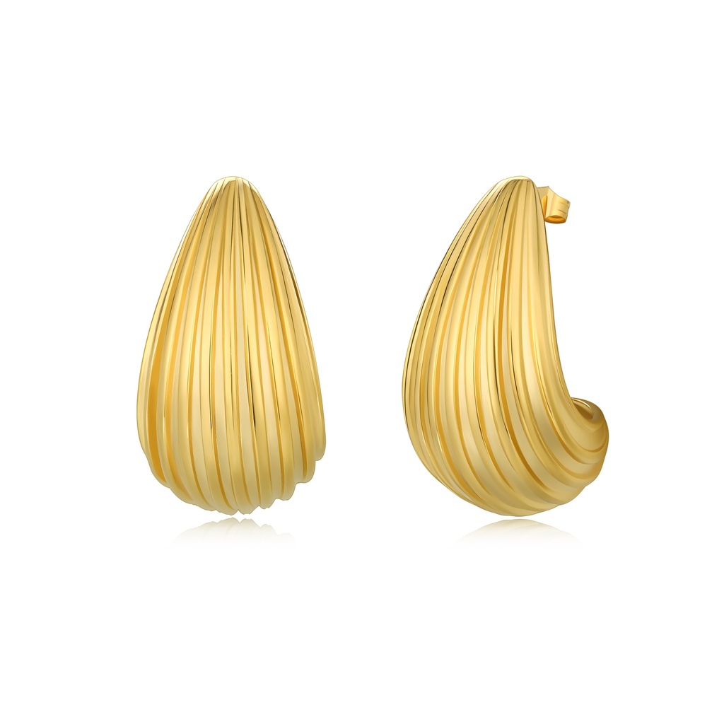 Modern Ribbed Teardrop Hoop Earrings in Polished Gold Steel