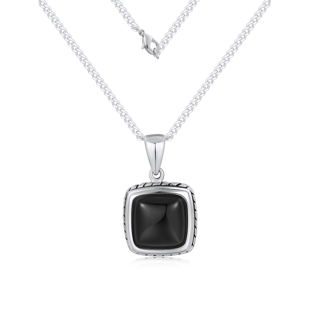 Modern Stainless Steel Black Cushion Pendant Necklace, Rope-Edge Adjustable Chain
