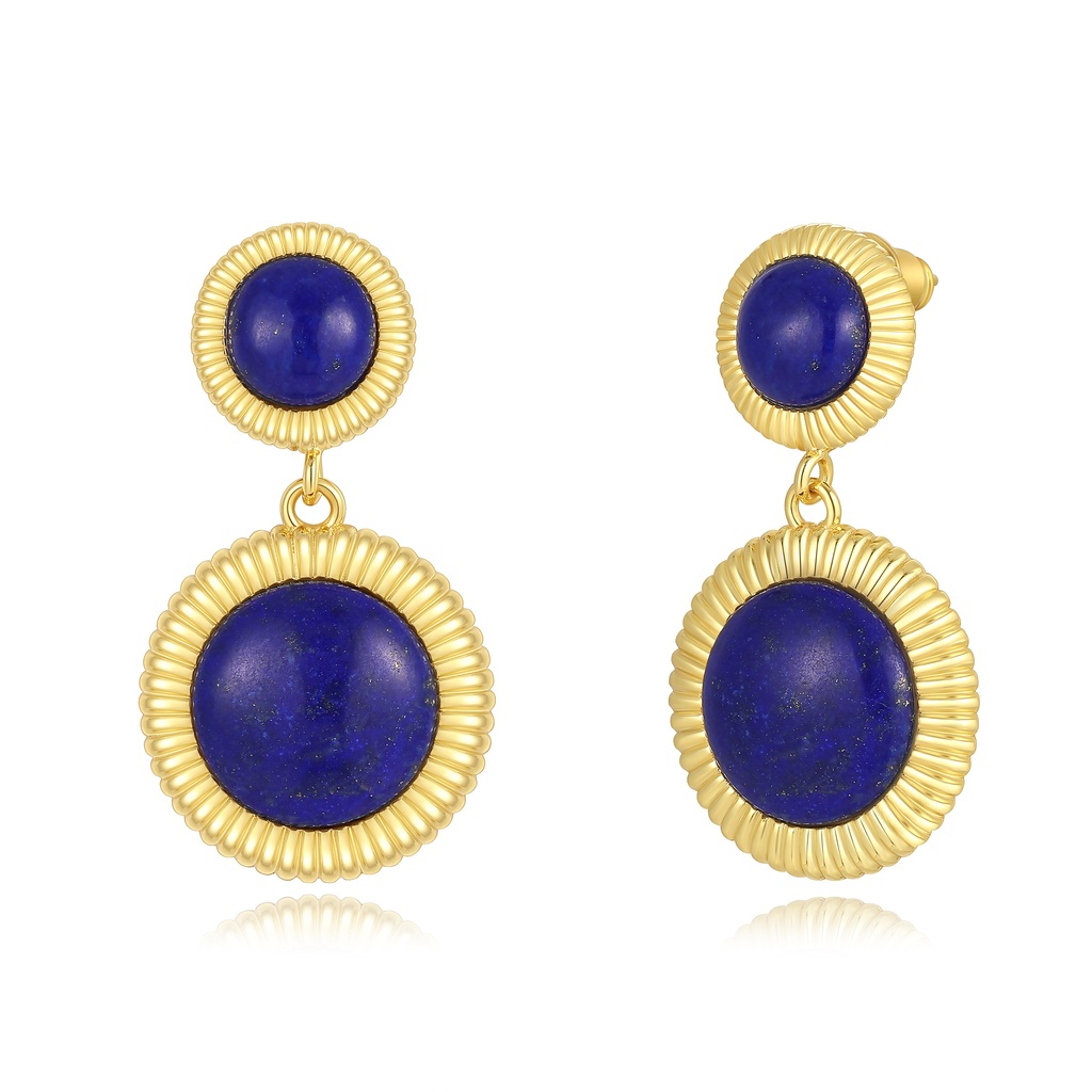 Bold Lapis Blue Earrings with Textured Gold Circle Setting