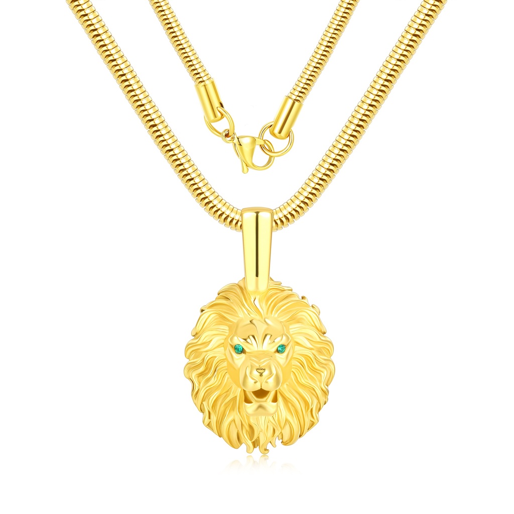 Bold Lion Head Pendant with Green Eyes, Gold Necklace
