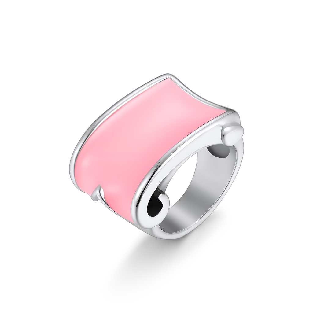 Modern Stainless Steel Ring with Glossy Pink Enamel Inlay Design