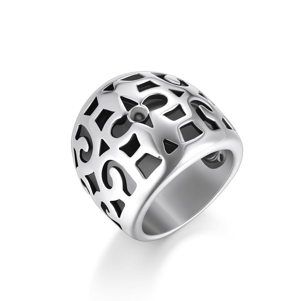 Modern Stainless Steel Wide Band Ring with Cut-Out Symbols