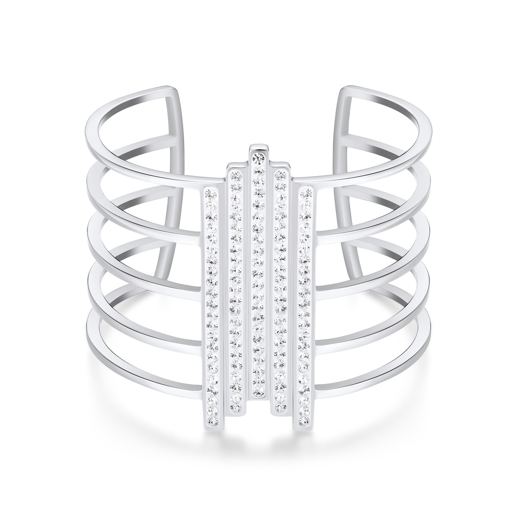 Modern Wide Stainless Steel Cuff with Sparkling CZ Inlay Bars