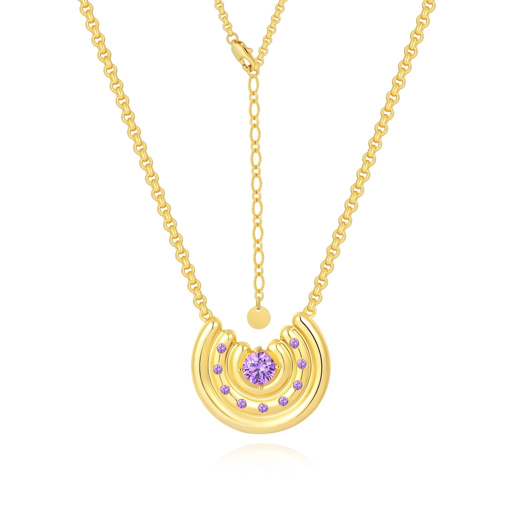Modern purple gemstone necklace with triple crescent moon layering.