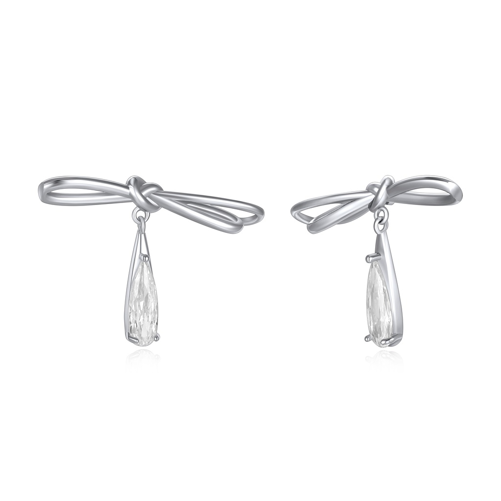Modern silver bow earrings with elegant teardrop zircon dangle