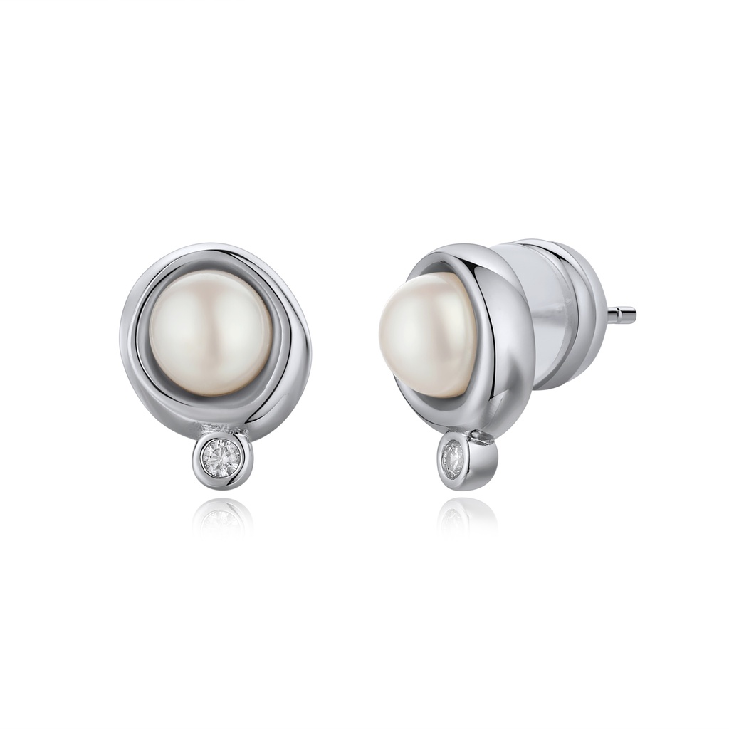 Modern silver pearl studs with sparkling lab-grown diamond-like detail.