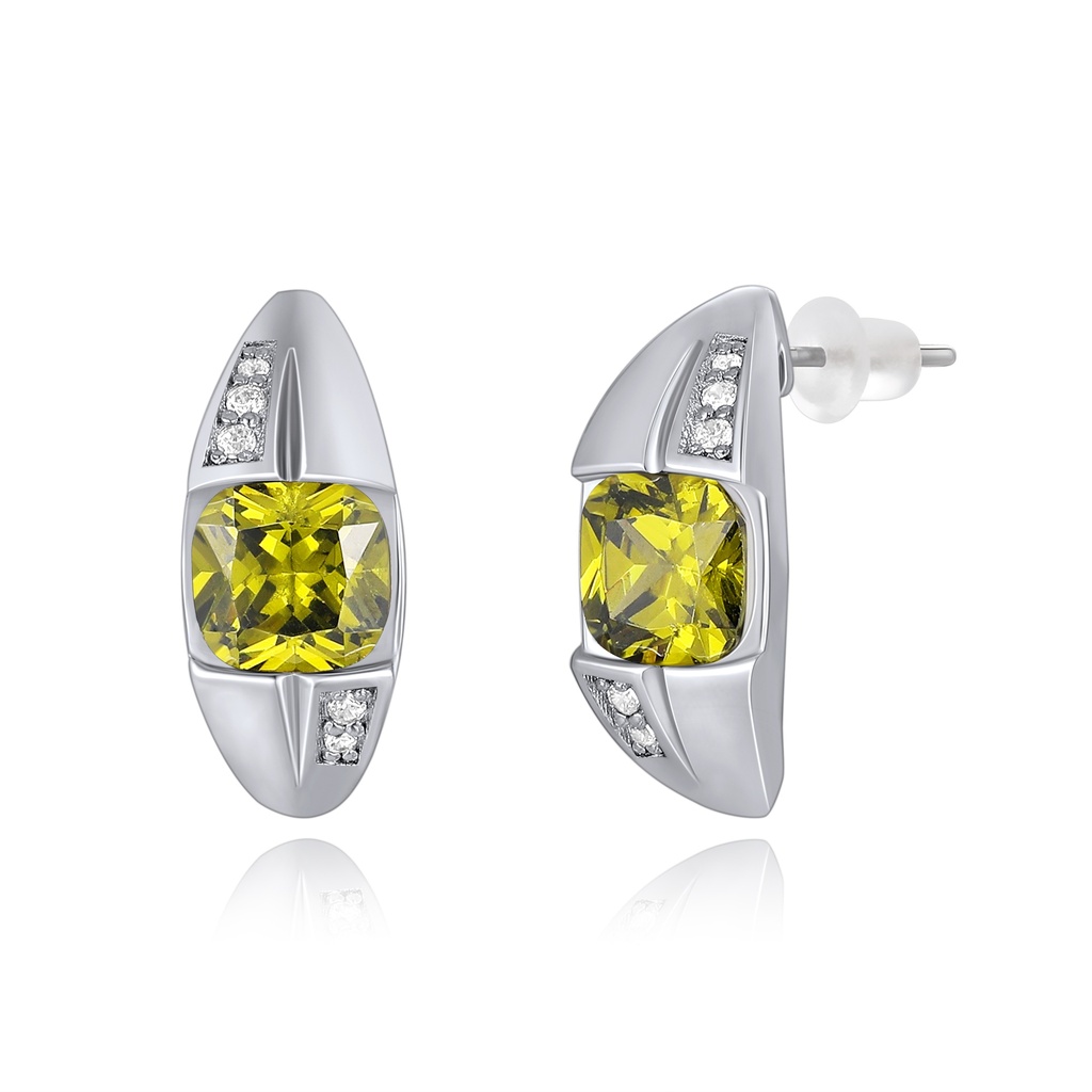 Modern silver stud earrings with bold yellow gemstone and crystals.