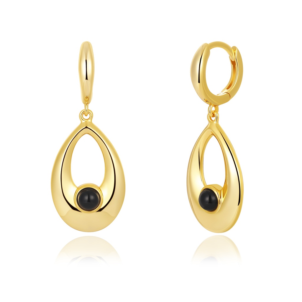 Modern teardrop earrings with striking black orb focal detail.